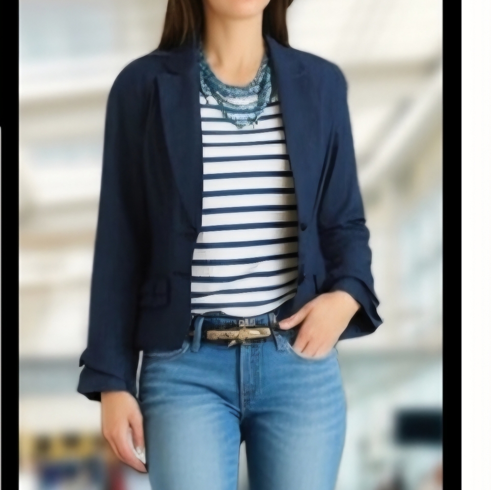 Jeanology Jean Jacket Navy Blue ruffle sleeves contemporary casual size 12